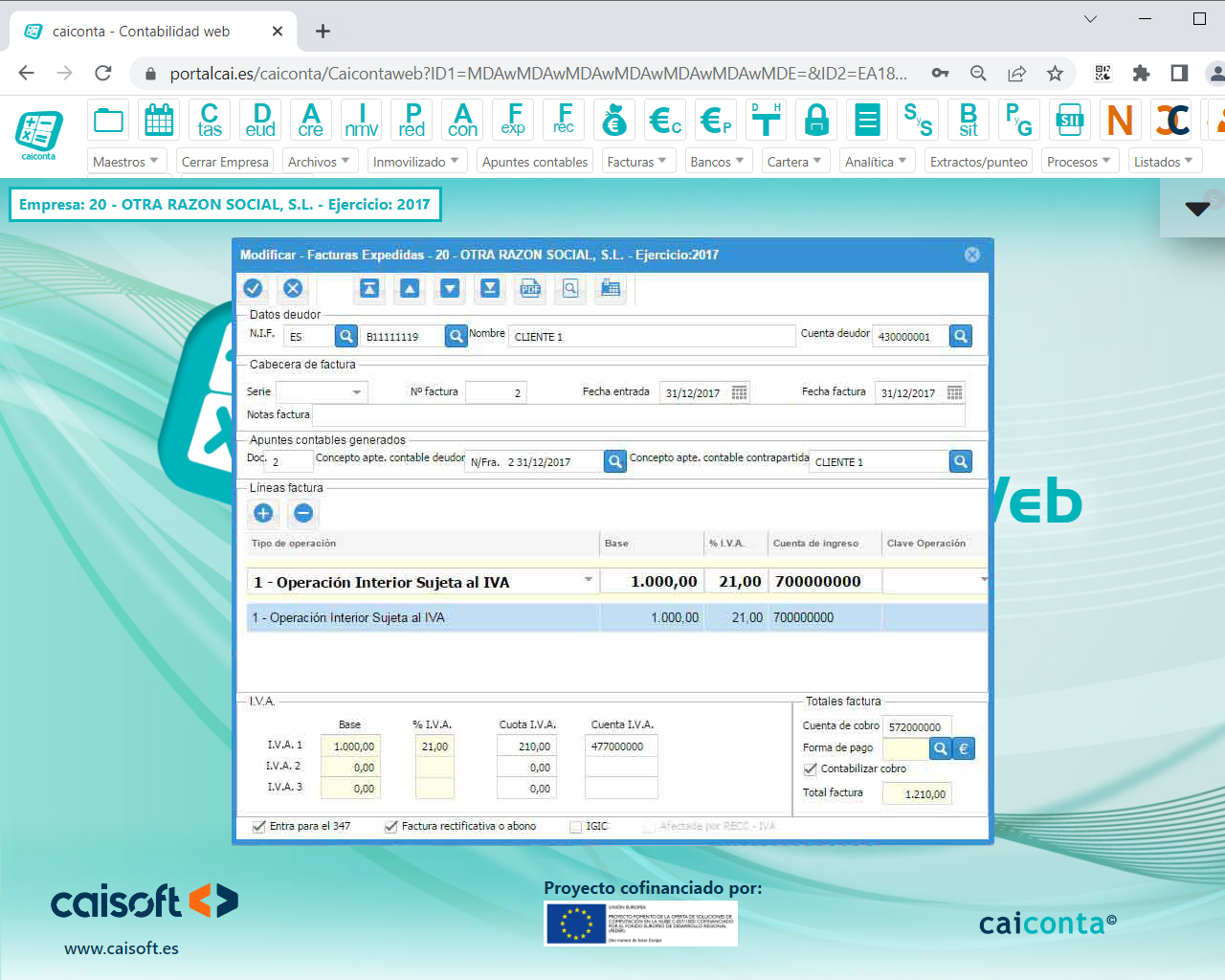Registro de facturas expedidas en el software de contabilidad web CAICONTA