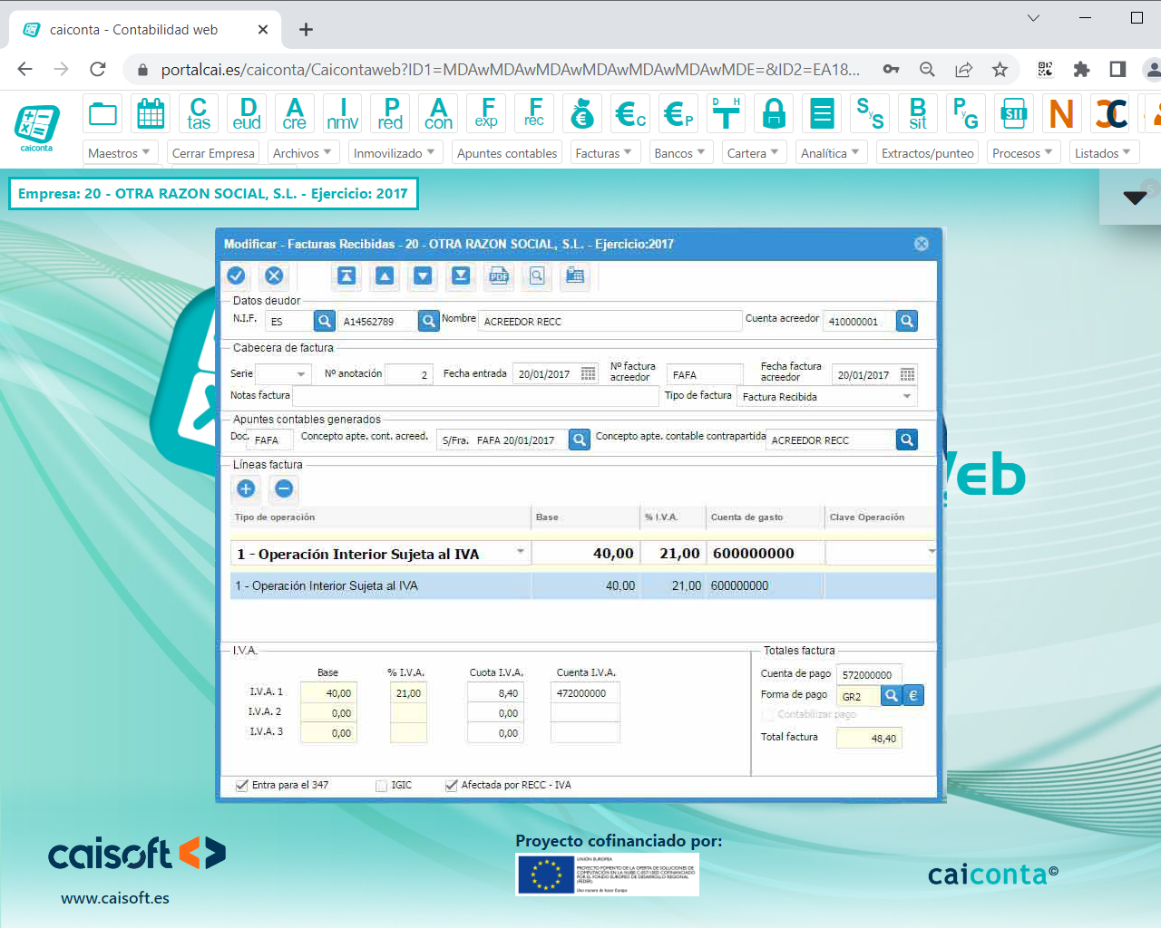 Registro de facturas recibidas en el software de contabilidad cloud CAICONTA