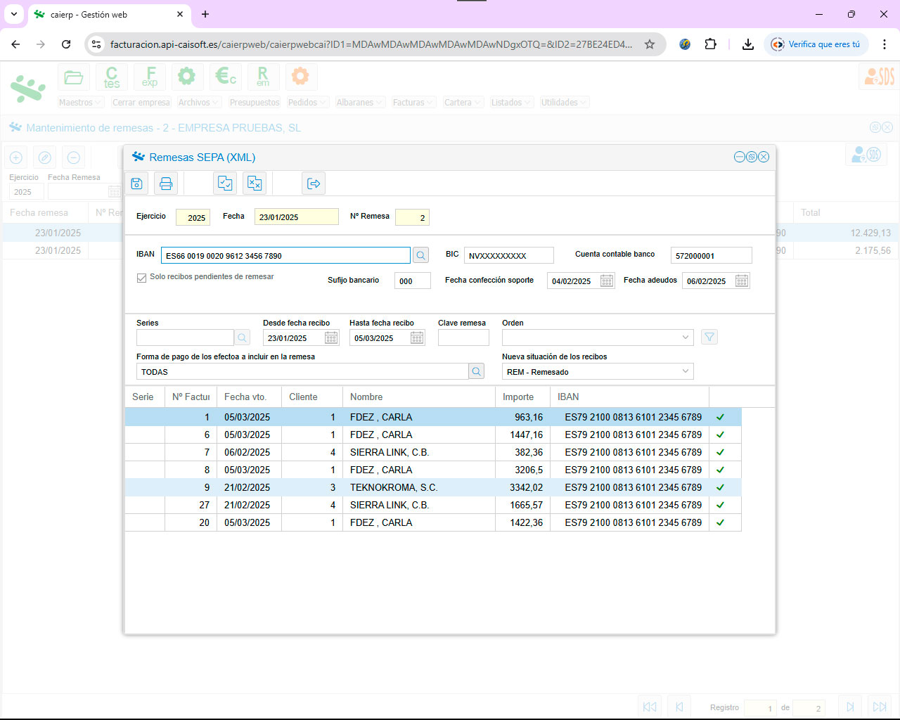 Crea remesas SEPA de forma automática con los recibos seleccionados: programa ERP CAIERP