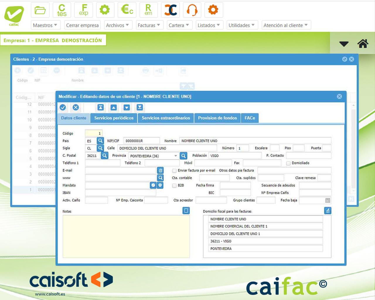 Introducción de clientes con sus servicios asociados: software facturación online CAIFAC