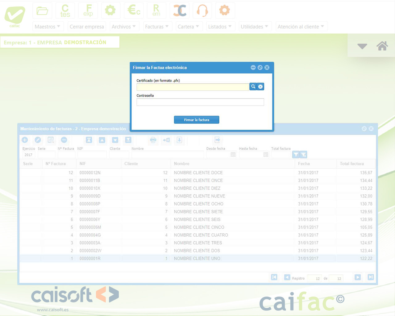 Firma de factura electrónica con certificado electrónico: software facturación online CAIFAC