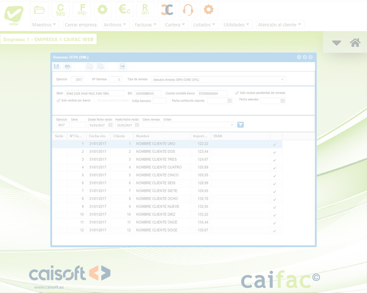 Genera automáticamente la remesa con los recibos que cumplan los filtros introducidos: software facturación online CAIFAC