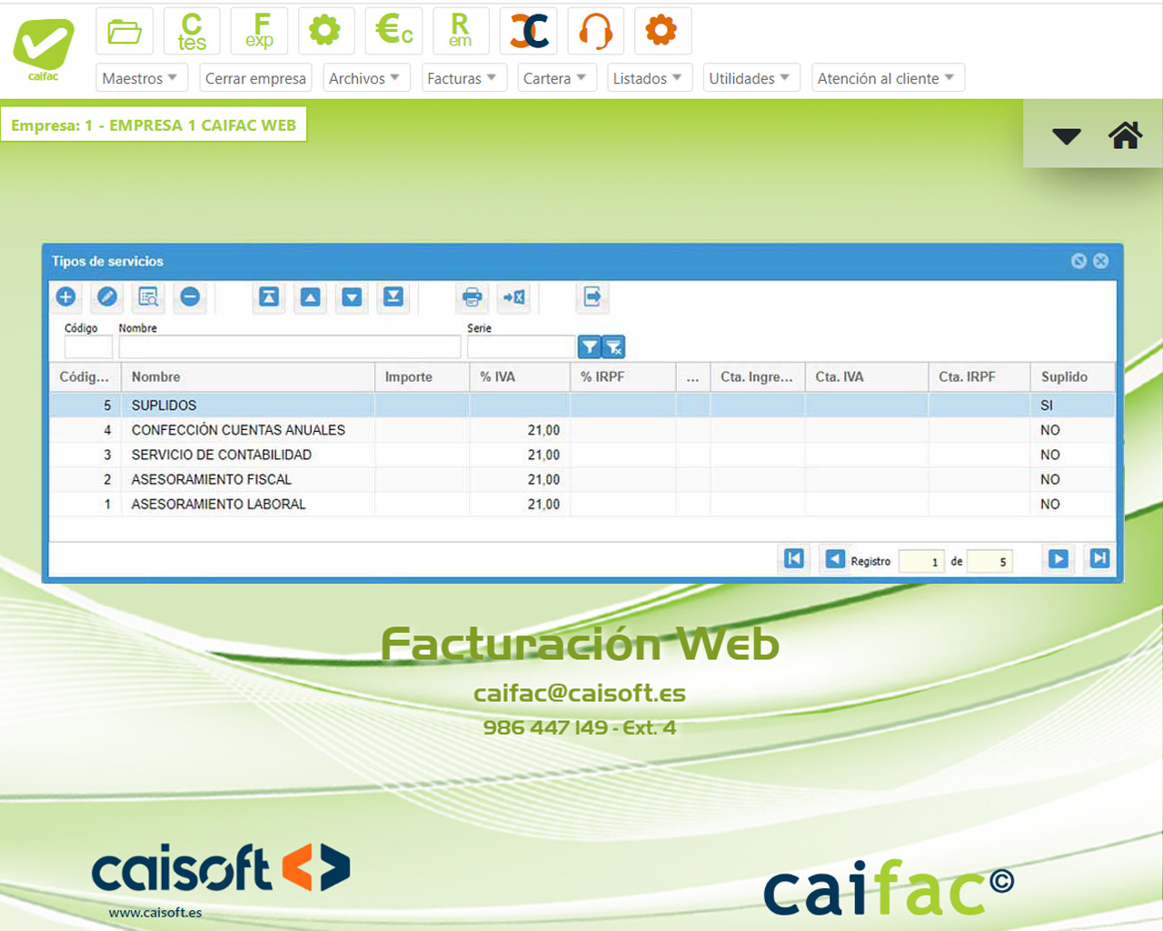 Introducción de servicios a facturar: software facturación online CAIFAC