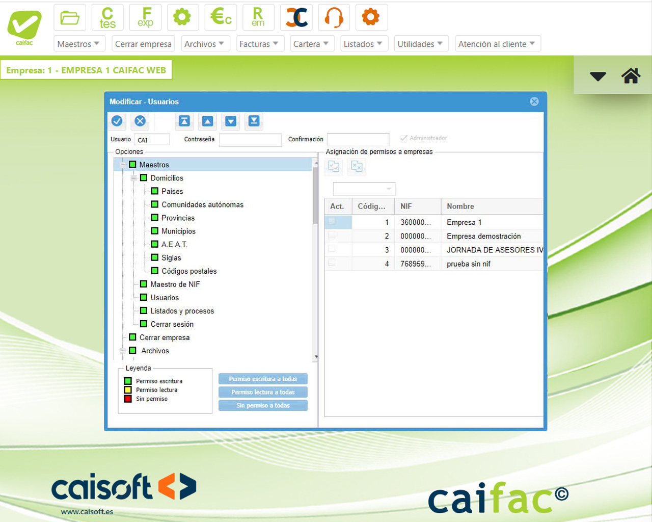 Pantalla de configuración de usuarios desde CAIFAC en la web