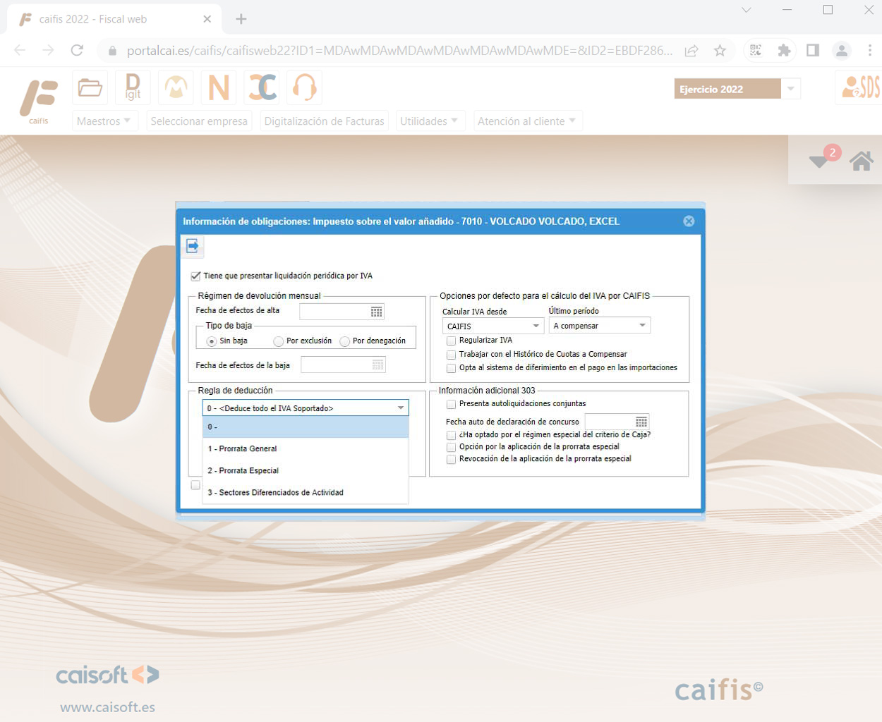 Tratamiento de la prorrata: programa fiscal CAIFIS en la web